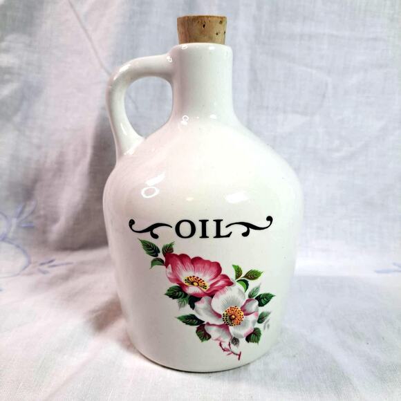 Vintage Oil Jug House of Webster White Cork Stopper Ceramic Painted Rose Floral - Picture 1 of 6